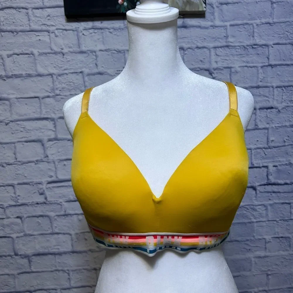 Victorias Secret PINK Wear Everywhere Wireless Lightly Lined Bra Yellow Rainbow